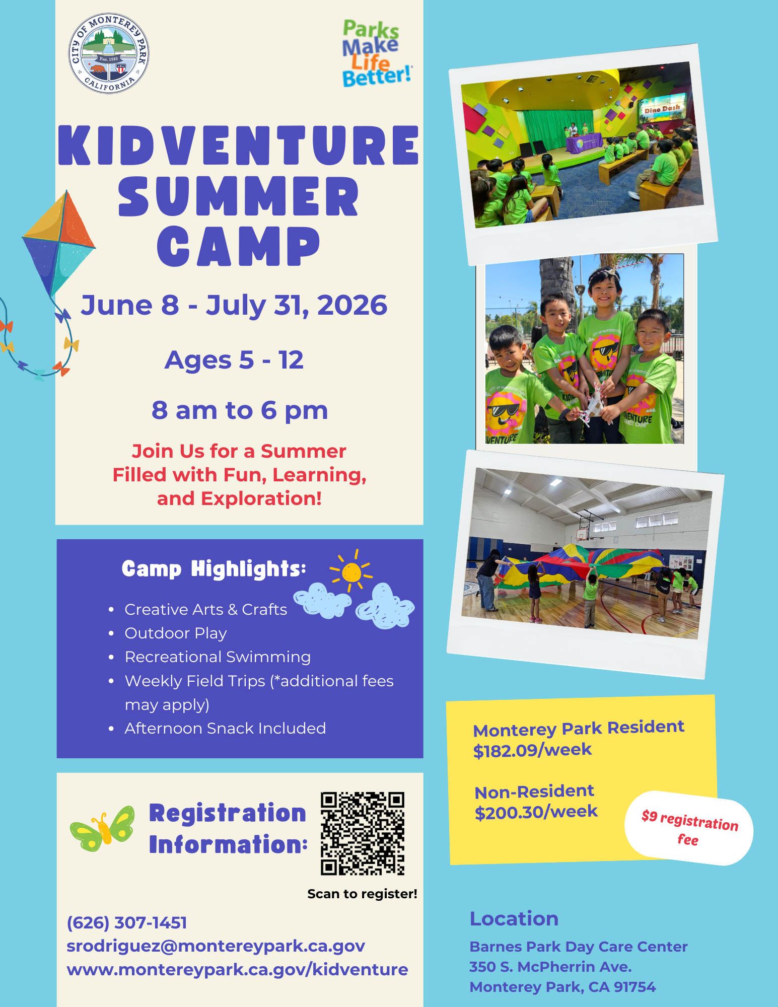 Kidventure Summer Camp 2026 program flyer with registration information.