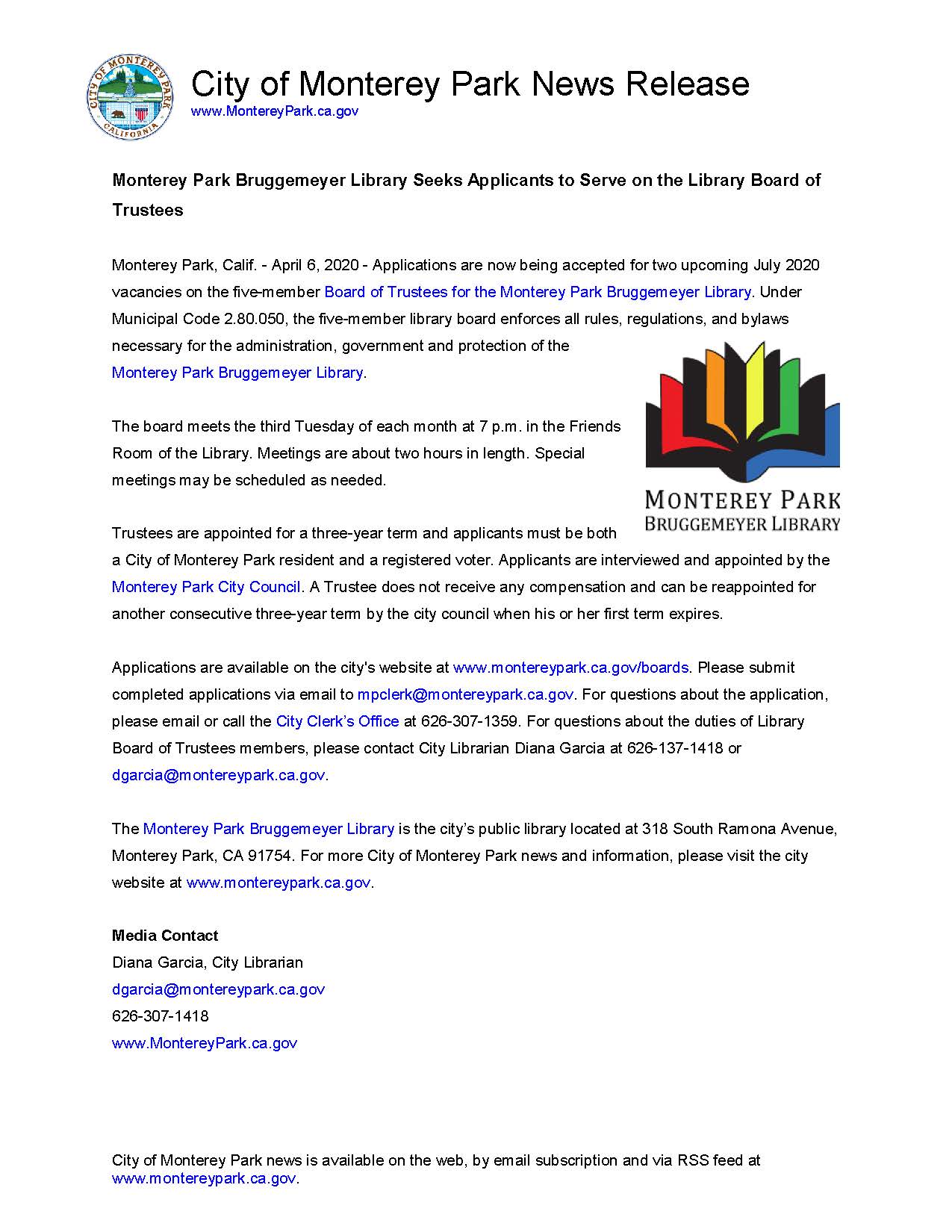 MPK News Release-MPK Bruggemeyer Library Seeks Applicants to Serve on the Library Board of Trustees 