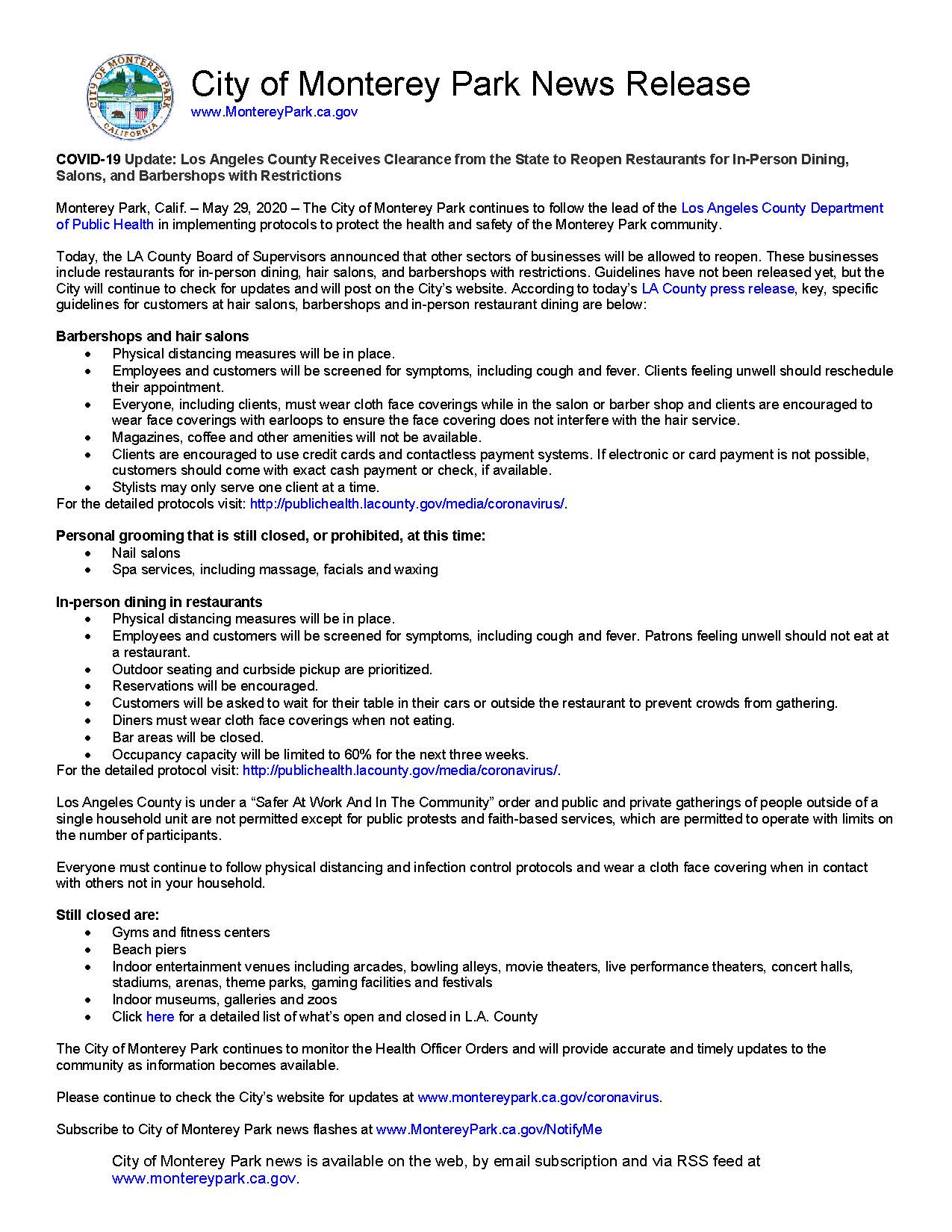 MPK News Release-LA County Receives Clearance from State to Reopen Restaurants etc  5-29-20