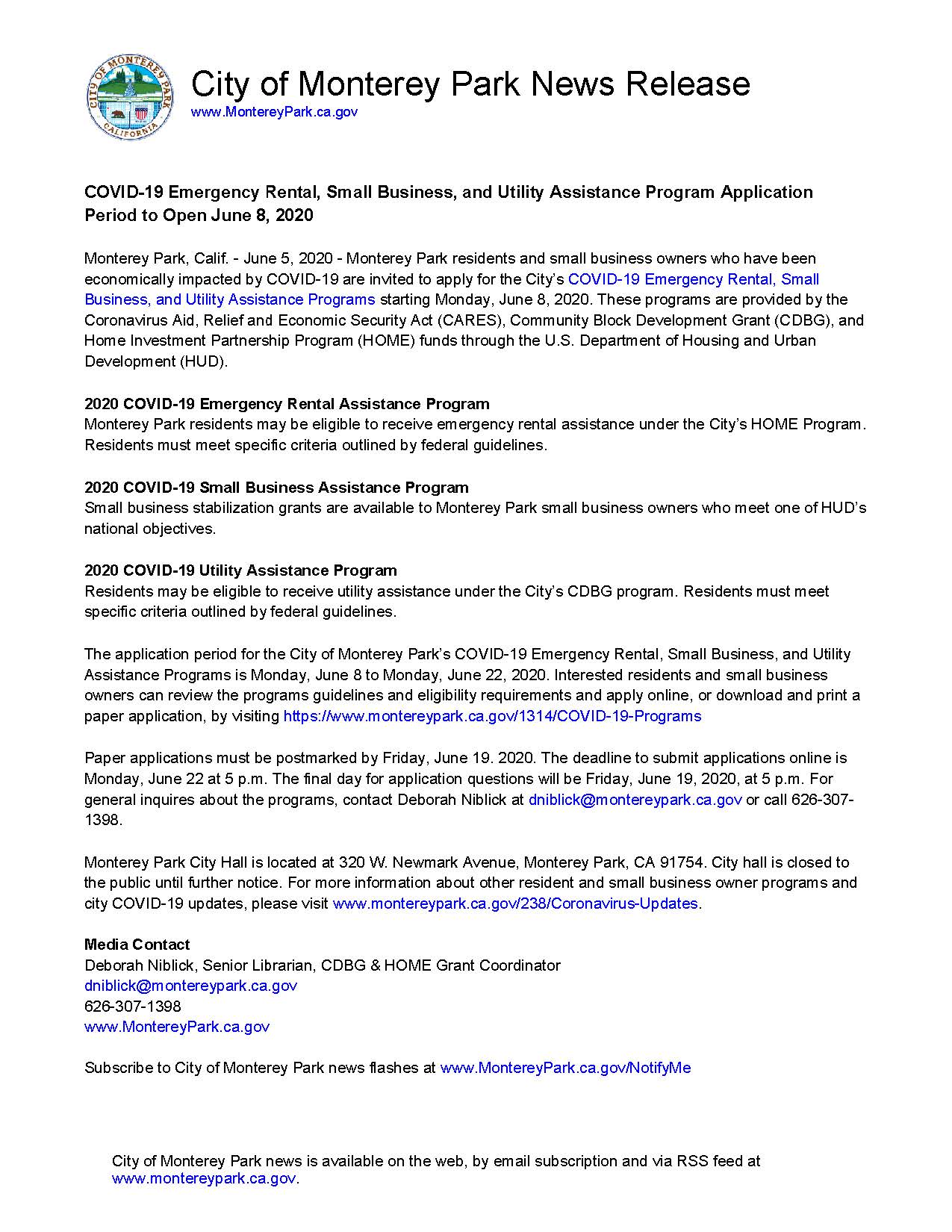 MPK News Release-COVID-19 Emergency Rental Small Business and Utility Assistance Program Application