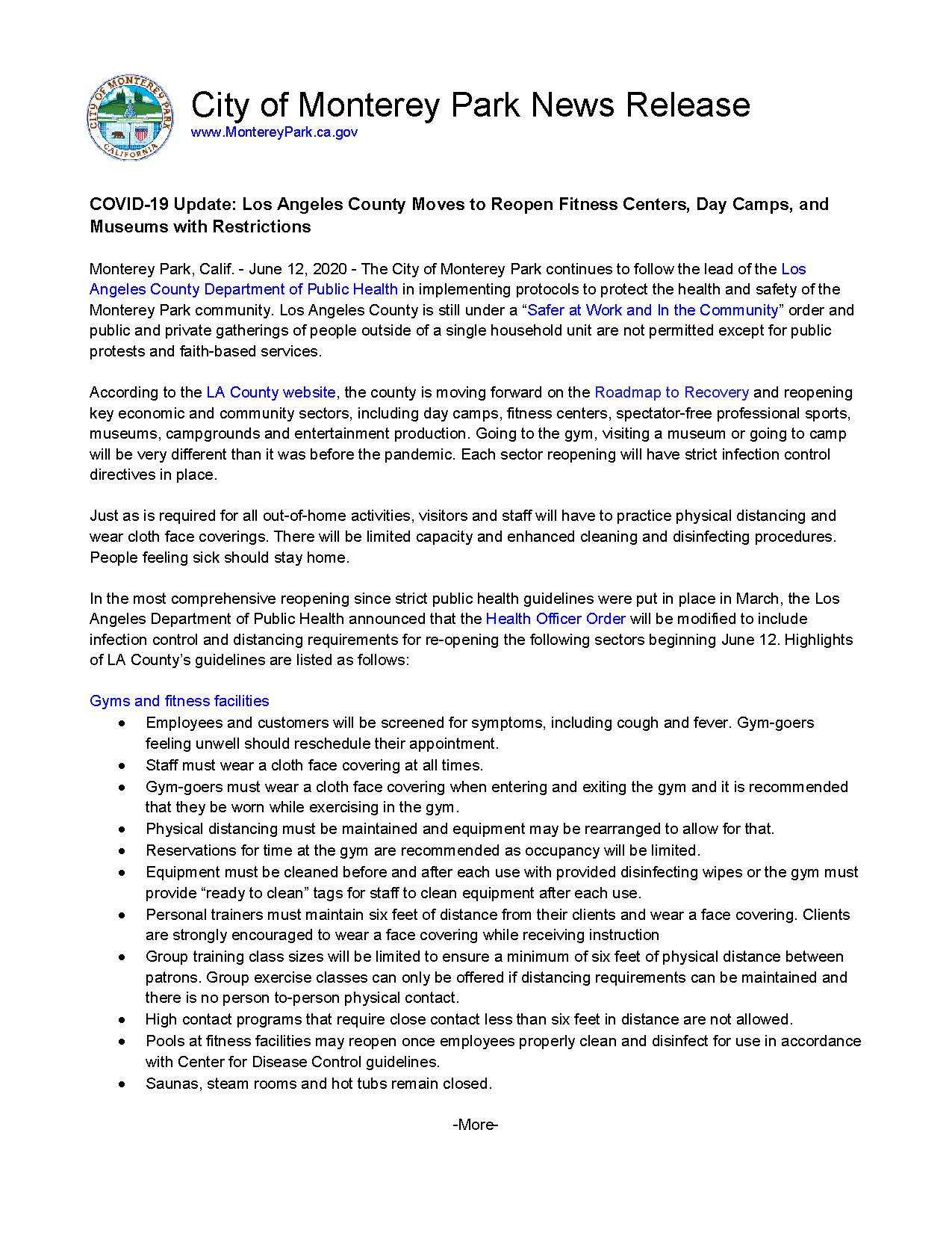 MPK News Release-COVID-19 Update LA County Reopens Gyms and Day Camps etc 6-12-20 image