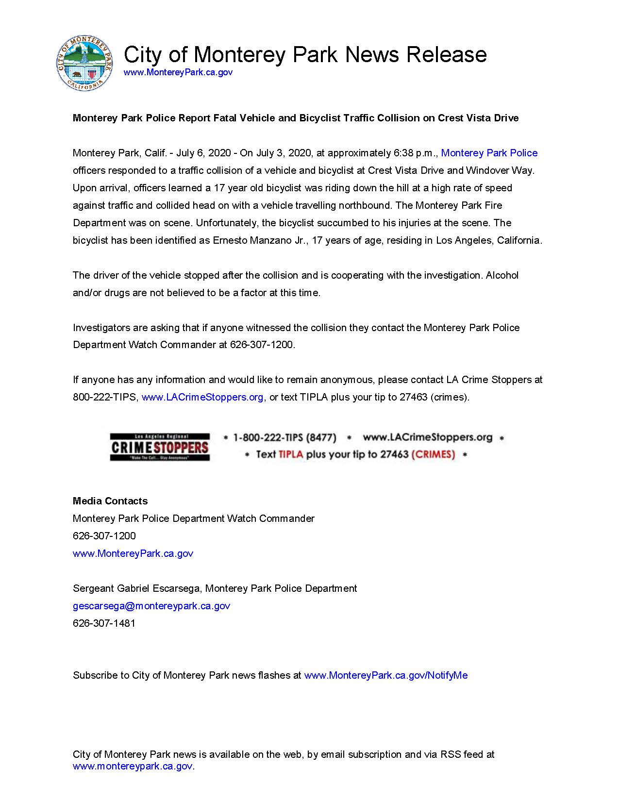 MPK News Release-Fatal Vehicle and Bicyclist Traffic Collision on Crest Vista Drive