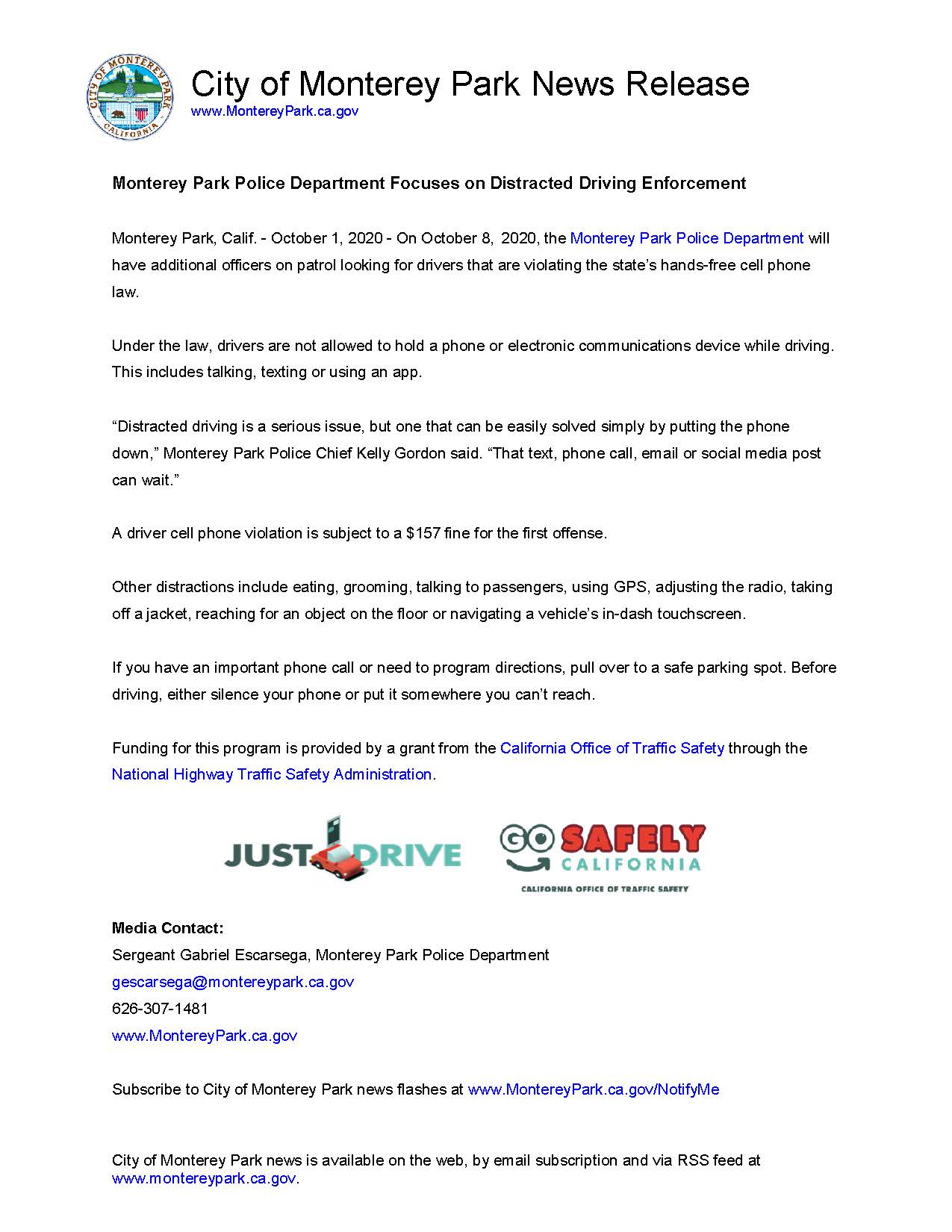 MPK News Release-Monterey Park Police Department Focuses on Distracted Driving Enforcement