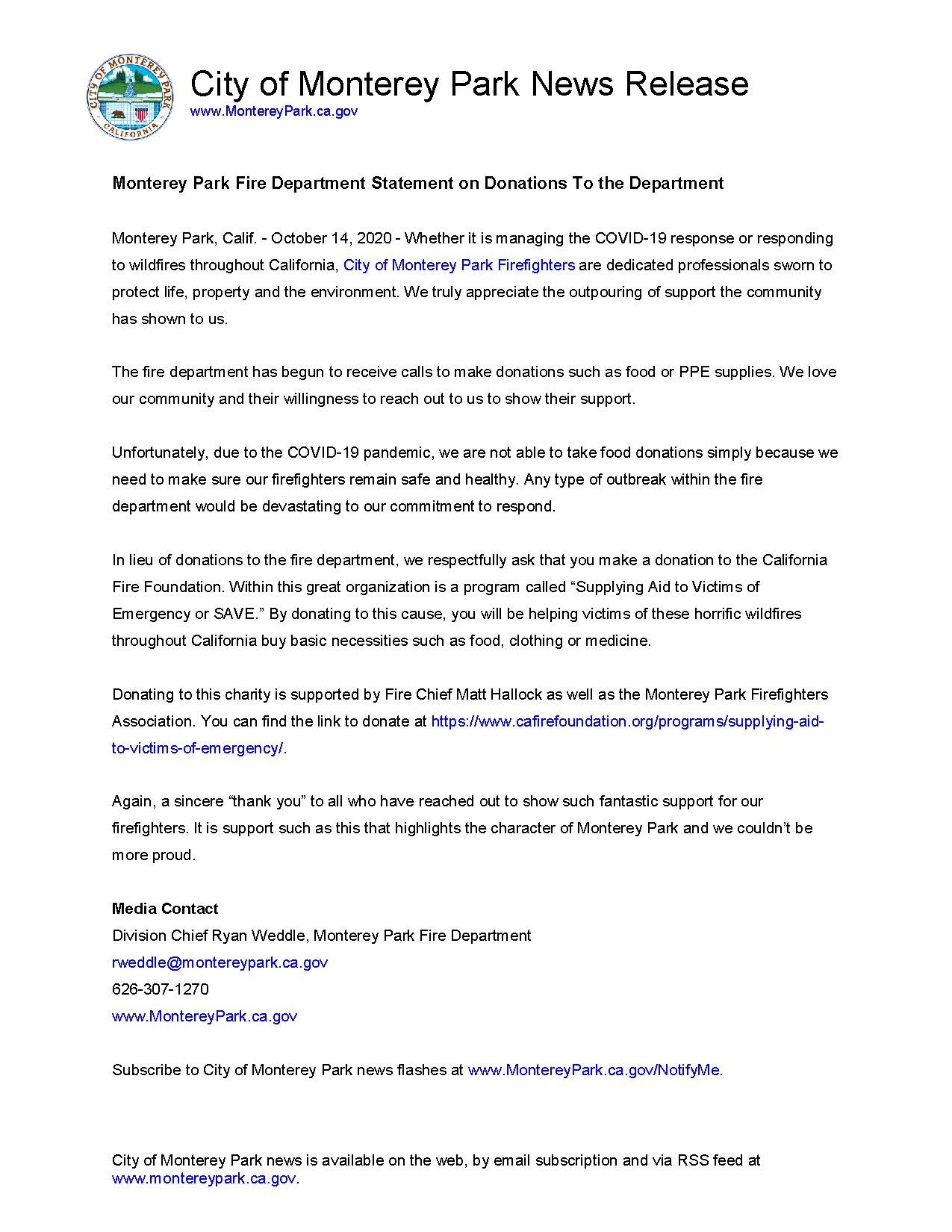 MPK News Release-Monterey Park Fire Department Statement on Donations To the Department
