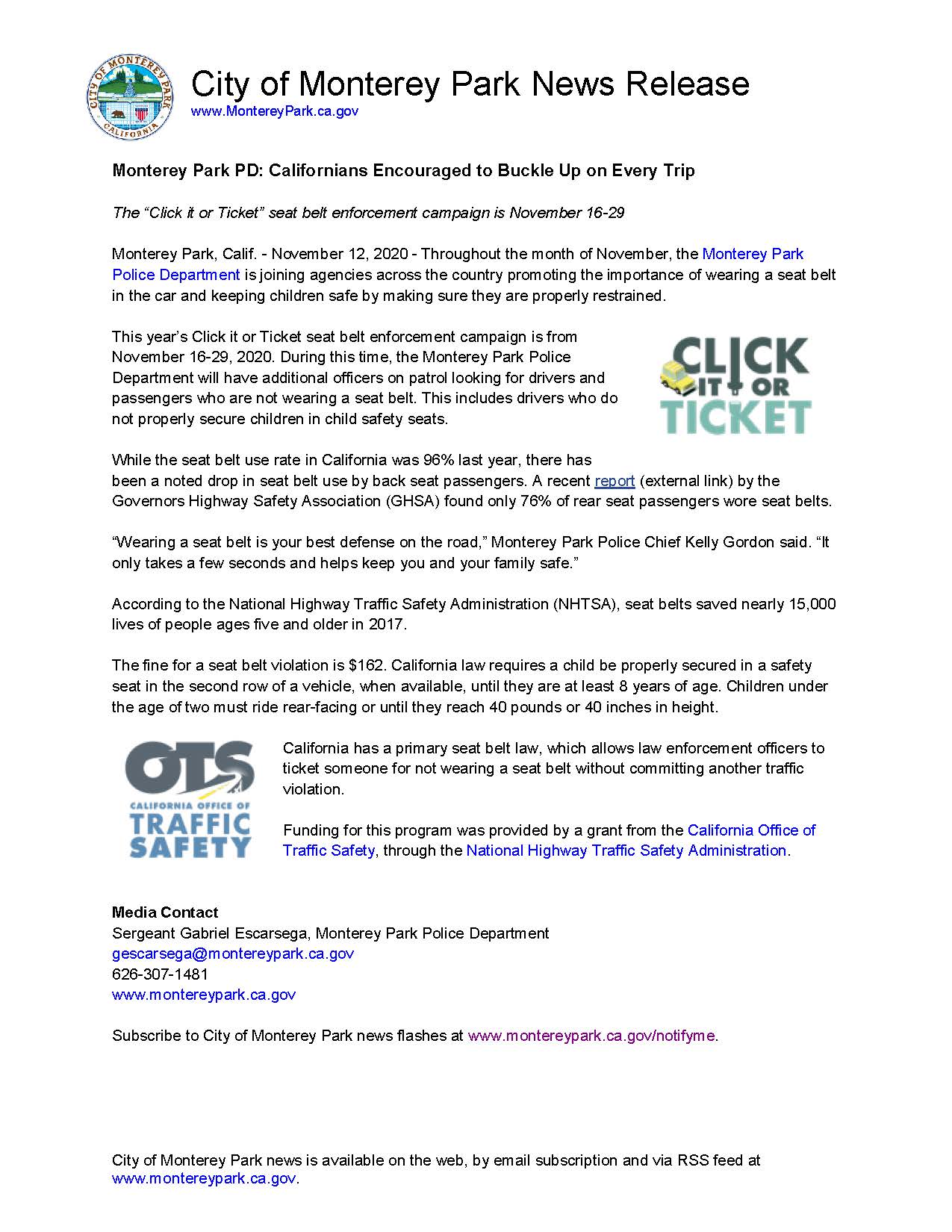 MPK News Release-Monterey Park PD Californians Encouraged to Buckle Up on Every Trip