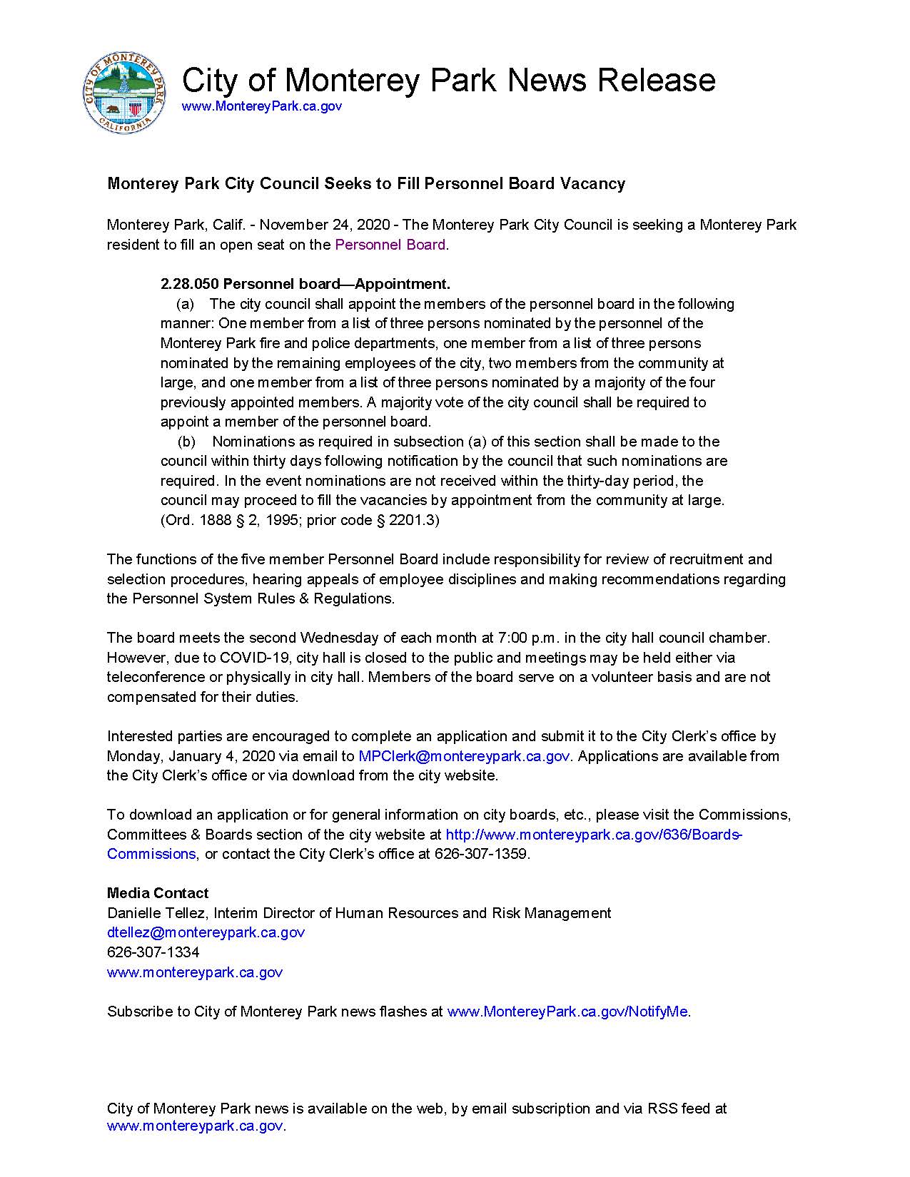 MPK News Release-Monterey Park City Council Seeks to Fill Personnel Board Vacancy 11-24-20