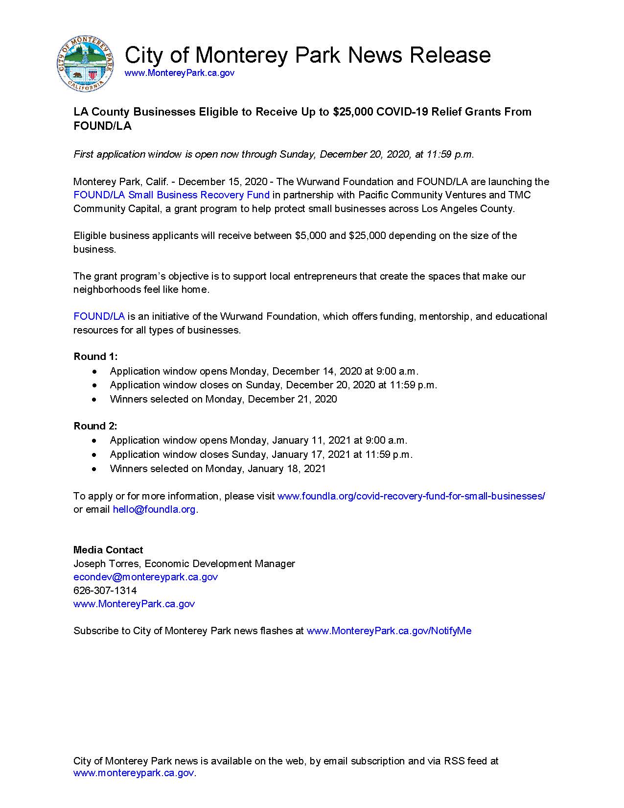 MPK News Release-LA County Businesses Eligible to Receive up to 25K COVID19 Relief Grants FOUNDLA