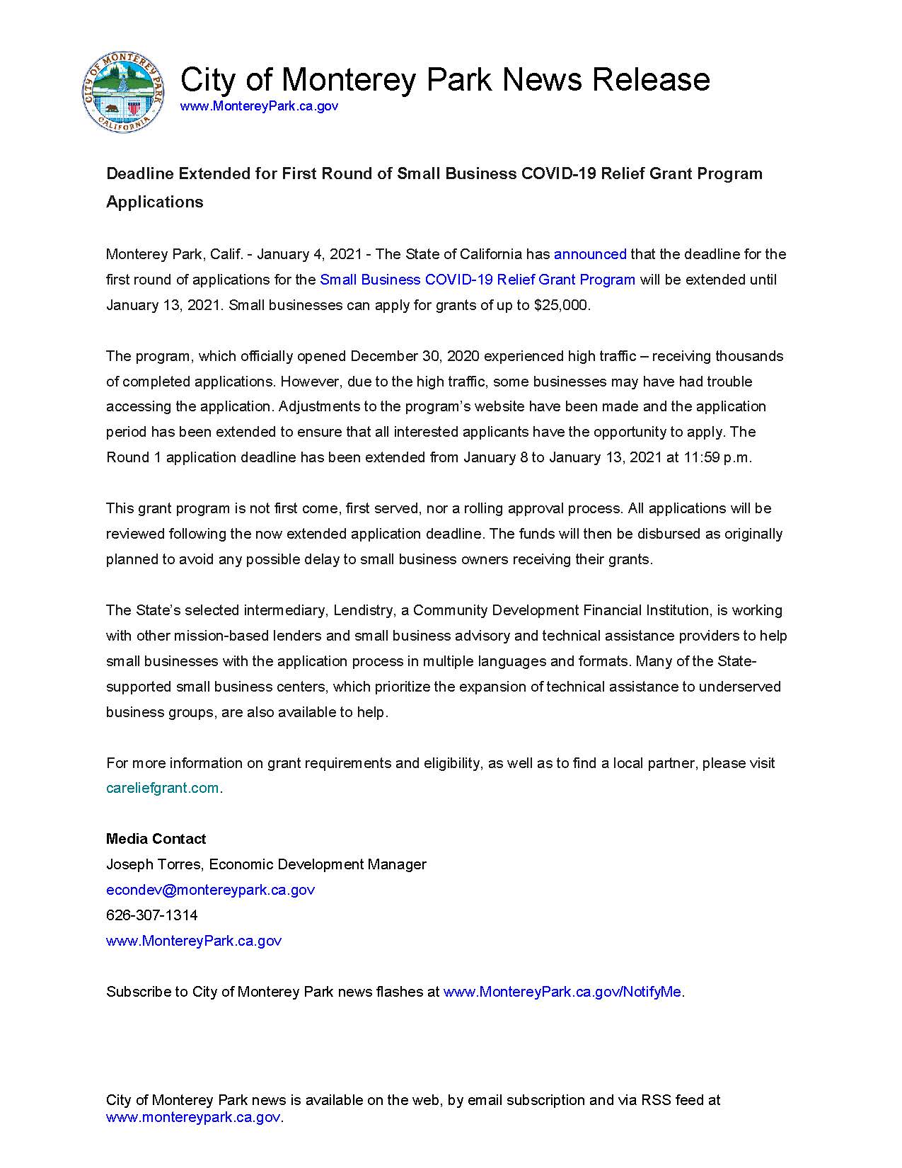 MPK News Release - CA COVID19 Grant Program Round 1 Deadline Extended to 1-13-21