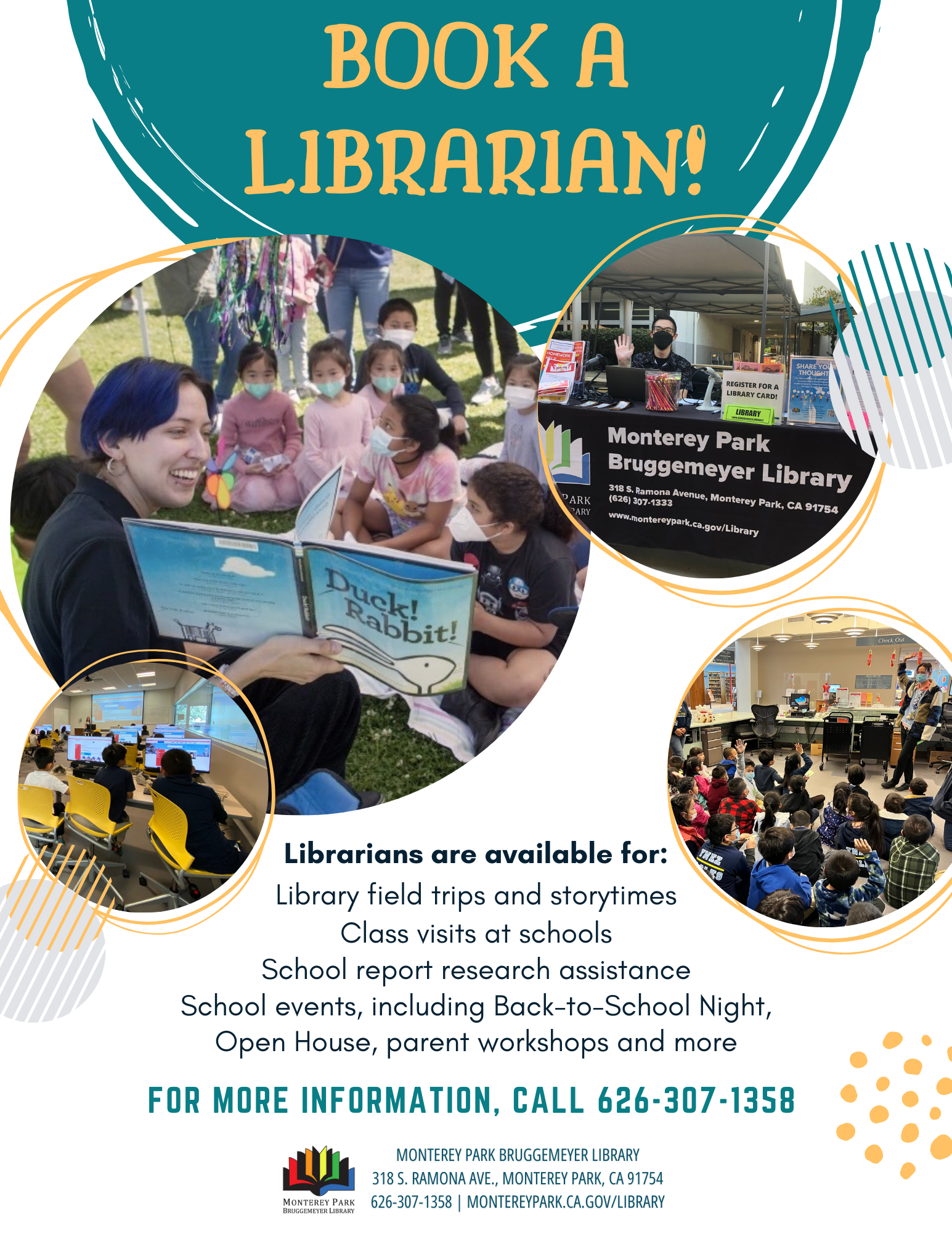 Book a librarian for a visit flyer with images of librarians at outreach events