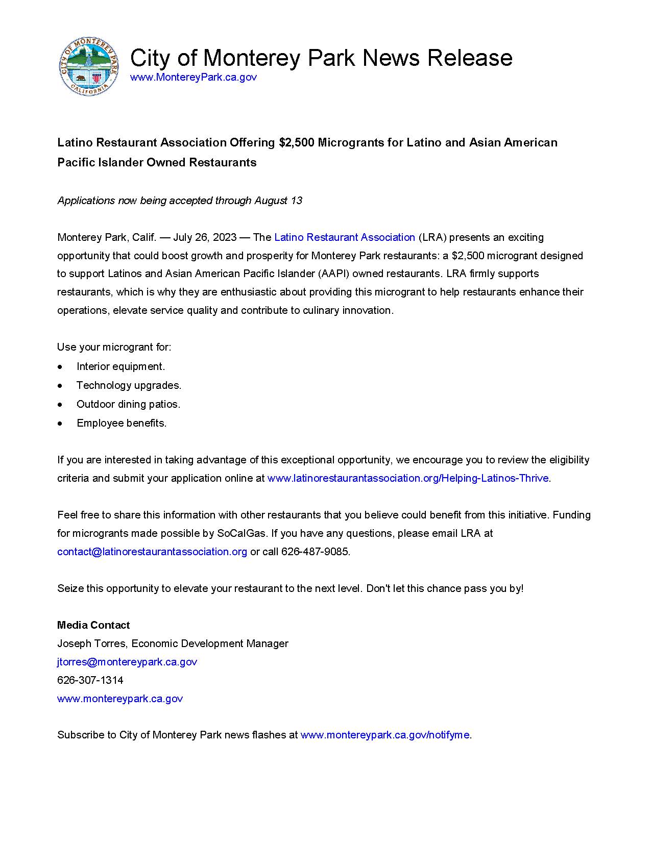 MPK News Release - LRA Microgrant for Latino and AAPI Owned Restaurant