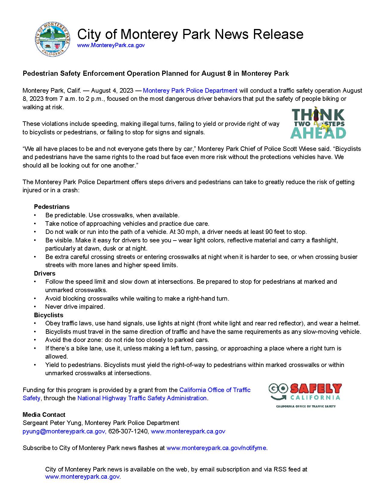 MPK News Release-Pedestrian Safety Enforcement Operation Planned 8-8-23