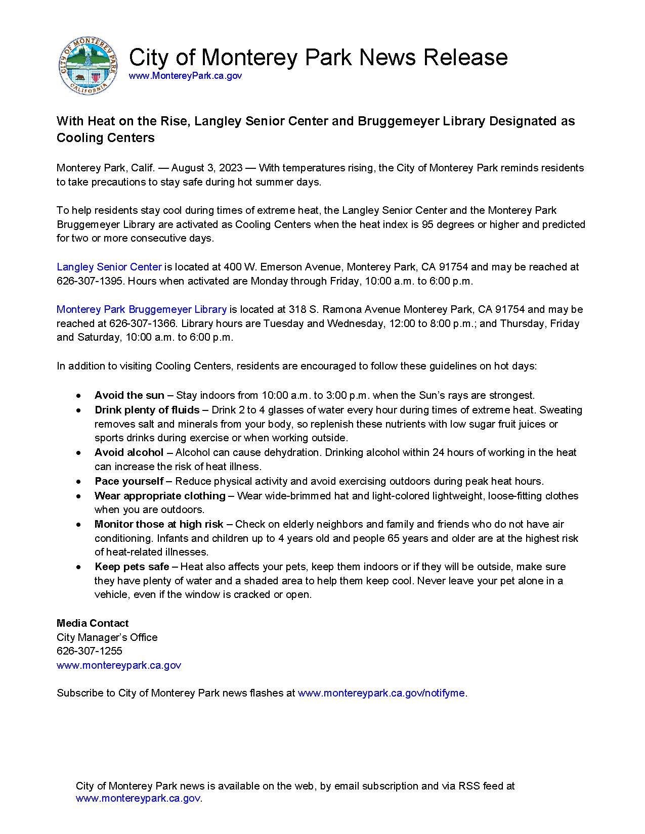 MPK News Release-Langley Senior Center and Bruggemeyer Library Designated as Cooling Centers 8-3-23