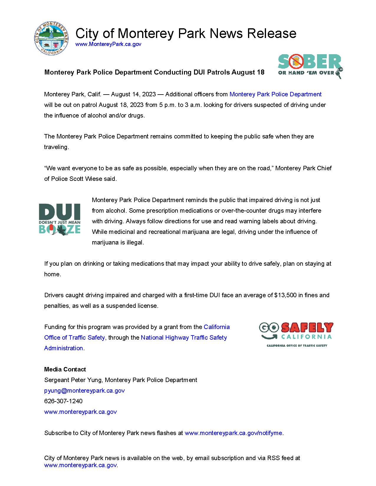 20230814 MPK News Release-Monterey Park Police Department Conducting DUI Patrols 8-18-23