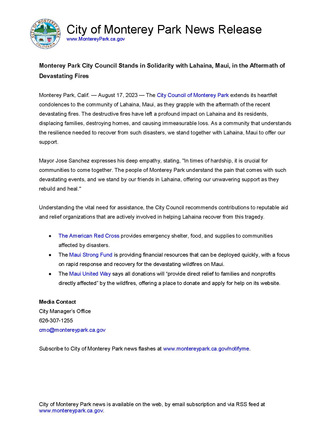 MPK News Release - Monterey Park City Council Stands in Solidarity with Lahaina