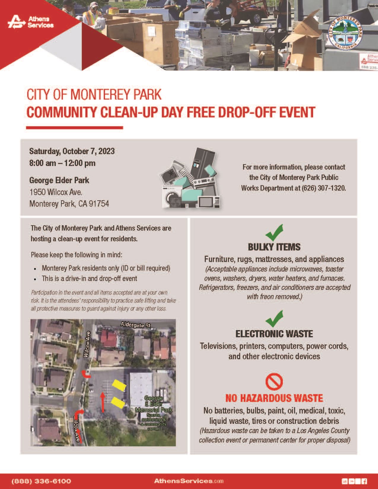 Boxes and electronic items waiting to be disposed, overhead map of Elder Park community center.