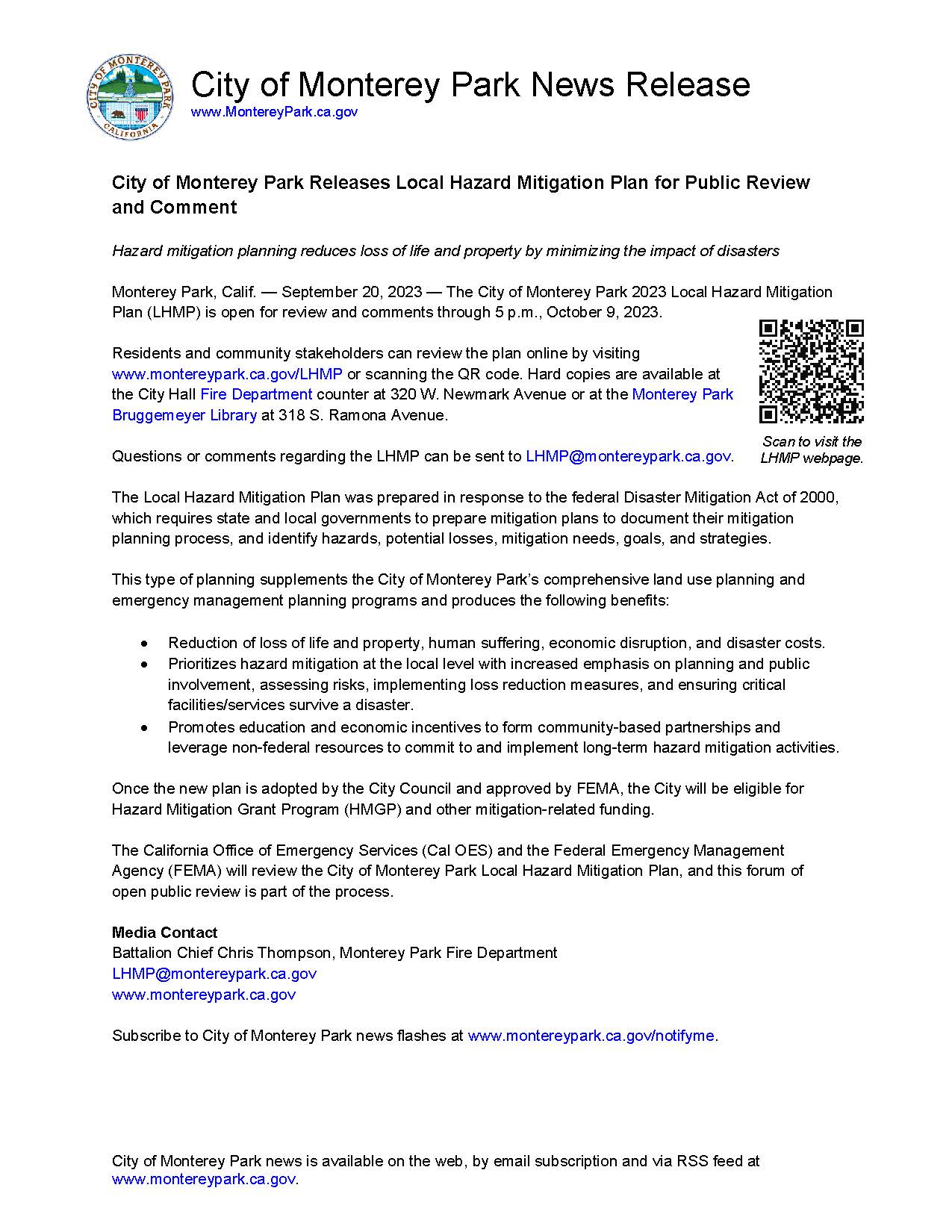 MPK News Release-Monterey Park Releases Local Hazard Mitigation Plan for Public Review and Comment