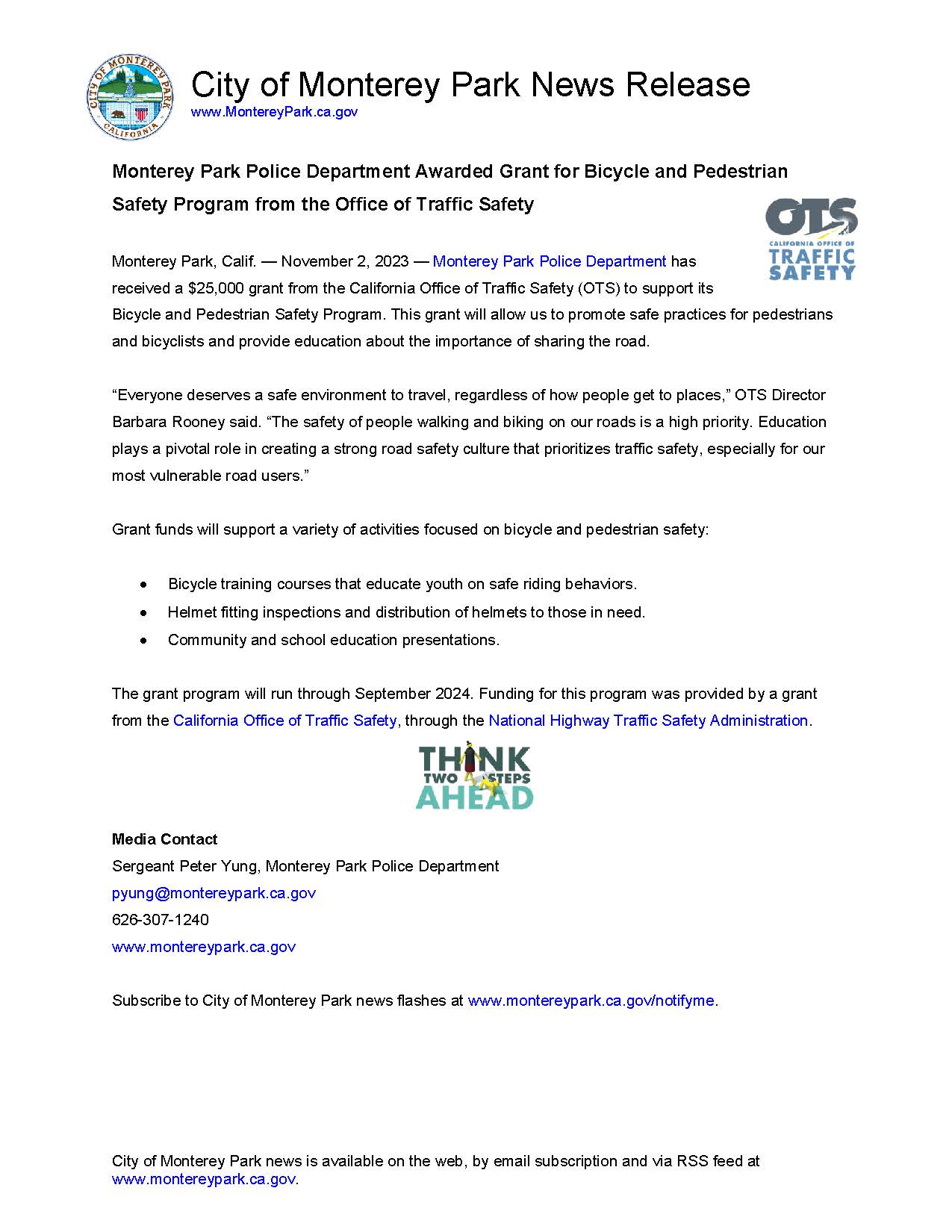 MPK News Release-MPPD Awarded Grant for Bicycle and Pedestrian Safety Program from the Office of Tra