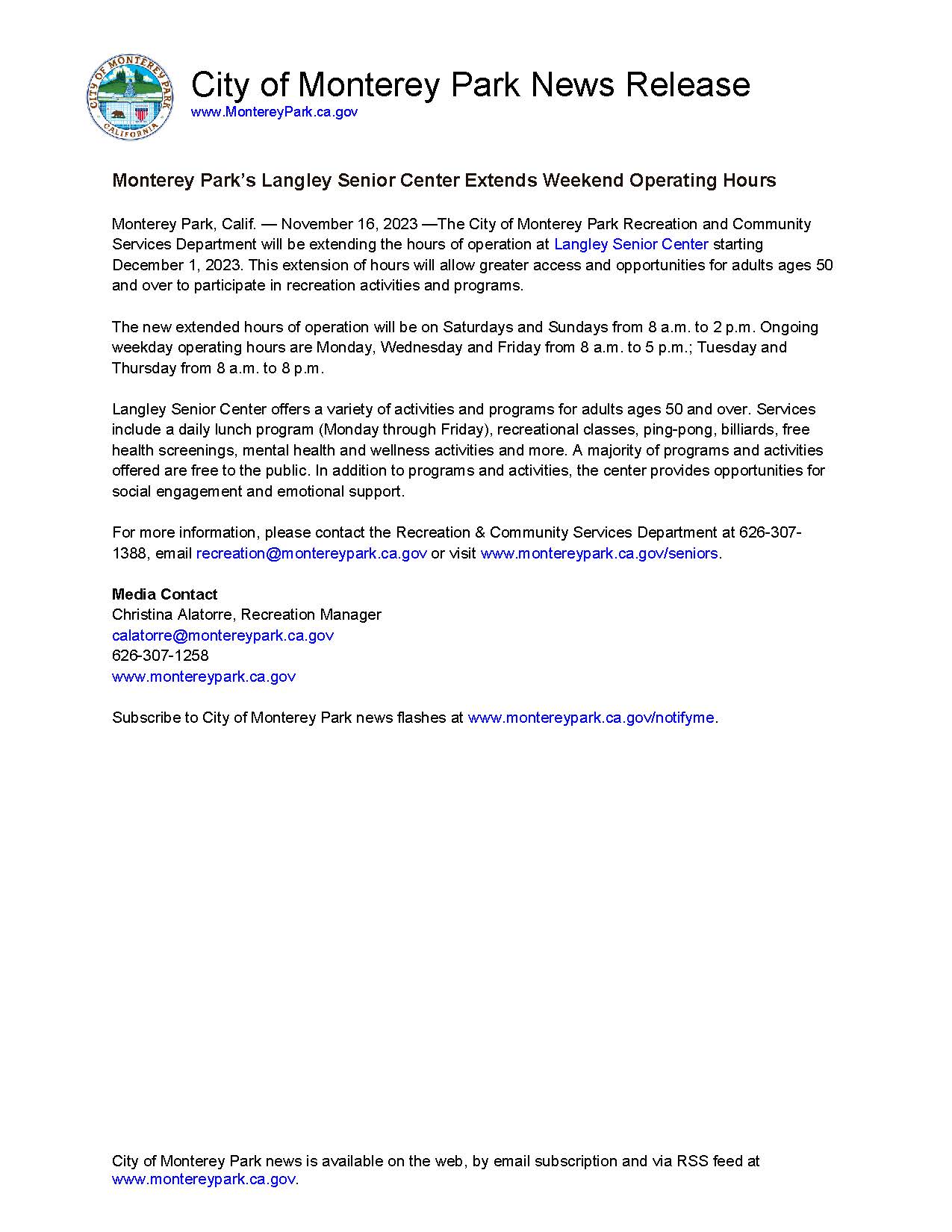 MPK News Release-Langley Senior Center Extends Weekend Operating Hours