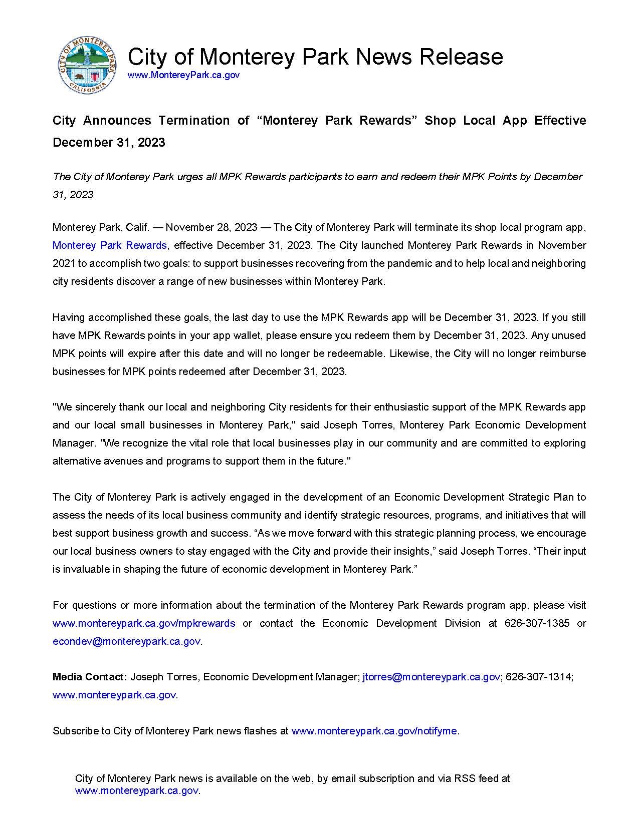 MPK News Release-Termination of MPK Rewards Shop Local App