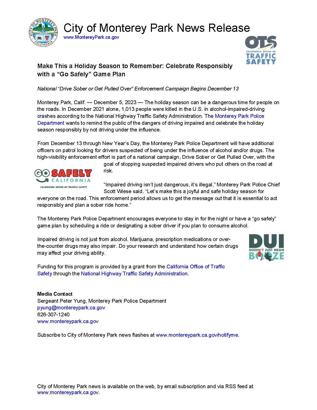 MPK News Release-Make This a Holiday Season to Remember Celebrate Responsibly with a Go Safely Game 