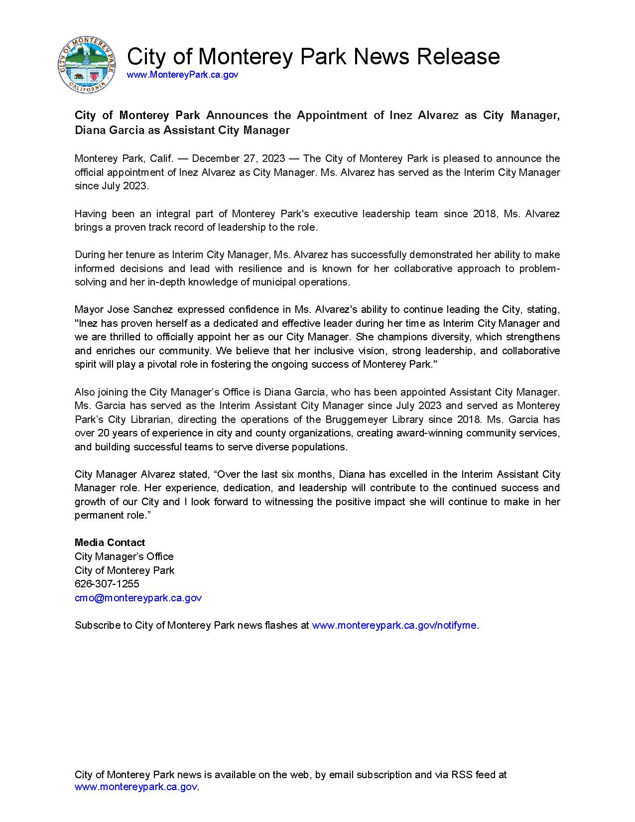 MPK News Release-City of Monterey Park Announces the Appointment of Inez Alvarez as City Manager Dia