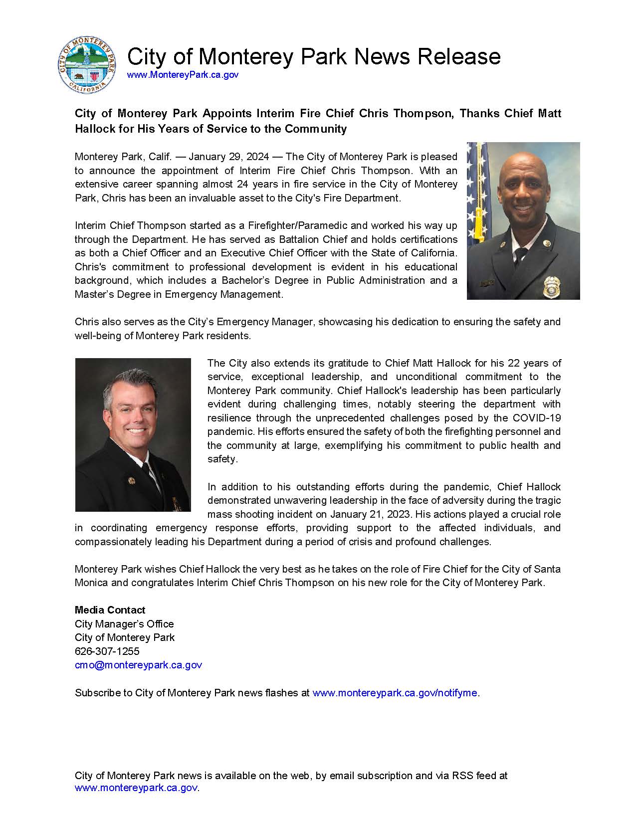 MPK News Release - City of MPK Appoints Interim Fire Chief Chris Thompson