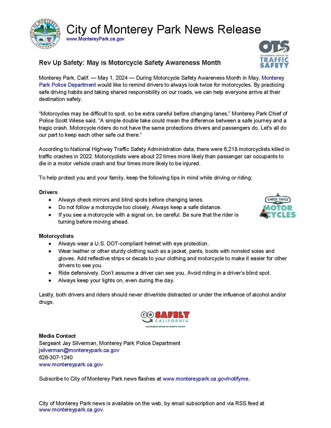 News release letterhead with black text on a white background.