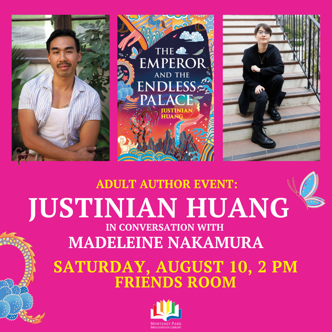 Images of Justinian Huang, “The Emperor and the Endless Palace” book cover and Madeleine Nakamura.