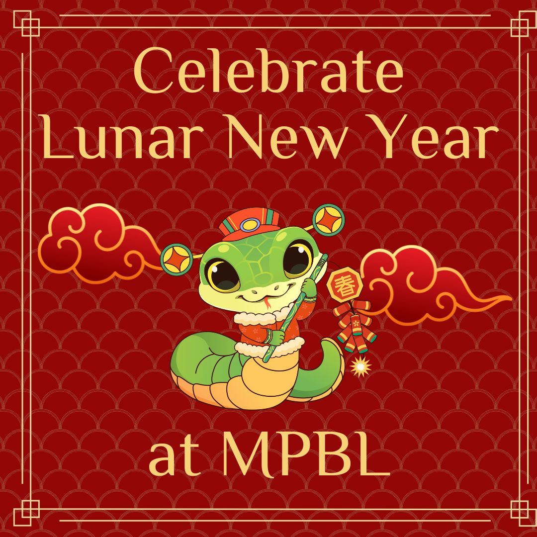 Green snake in traditional Chinese attire below gold text Celebrate Lunar New Year at MPBL