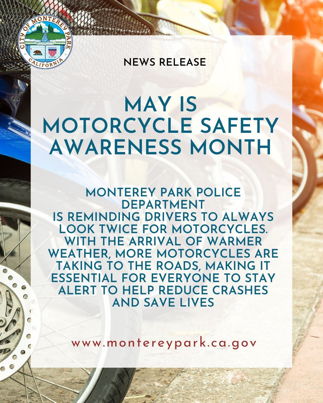 Flyer announcing May as Motorcycle Safety Awareness Month, urging drivers to stay alert