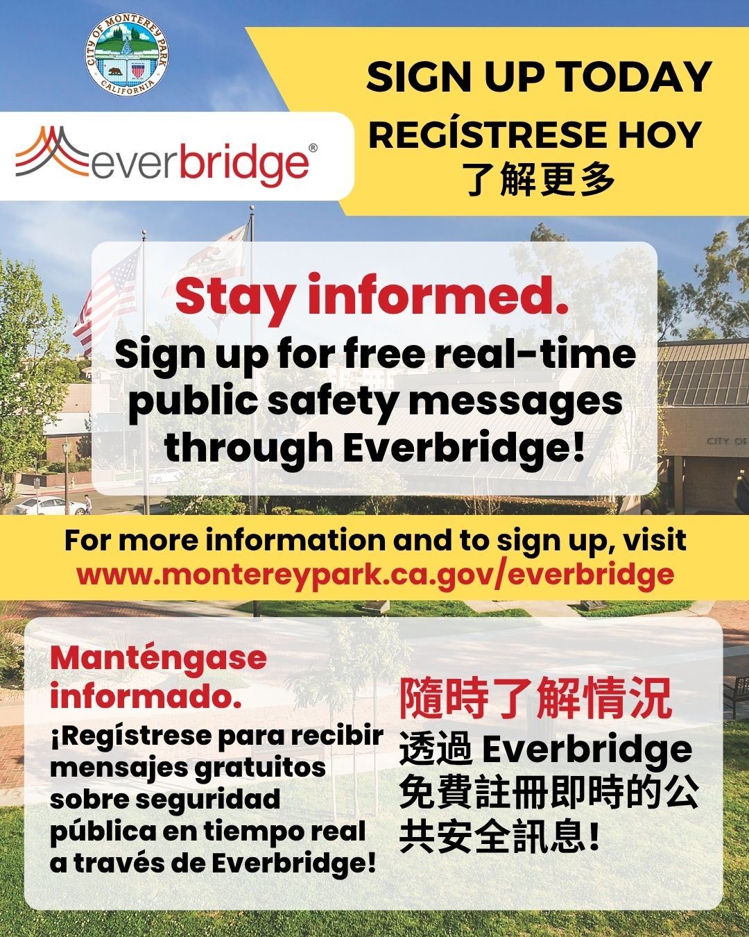 Flyer promoting Everbridge public safety alerts in English, Spanish, and Chinese.