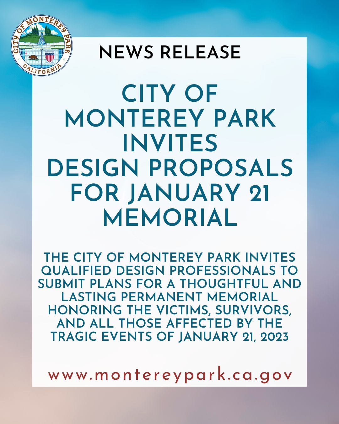 City of Monterey Park seeks design proposals for a January 21 memorial honoring victims and survivor