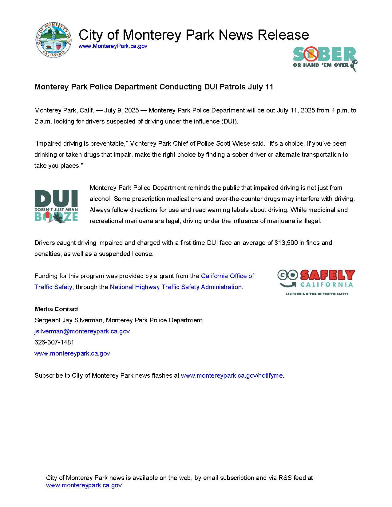 MPK News Release image for MPPD Conducting DUI Patrols 7-11-25