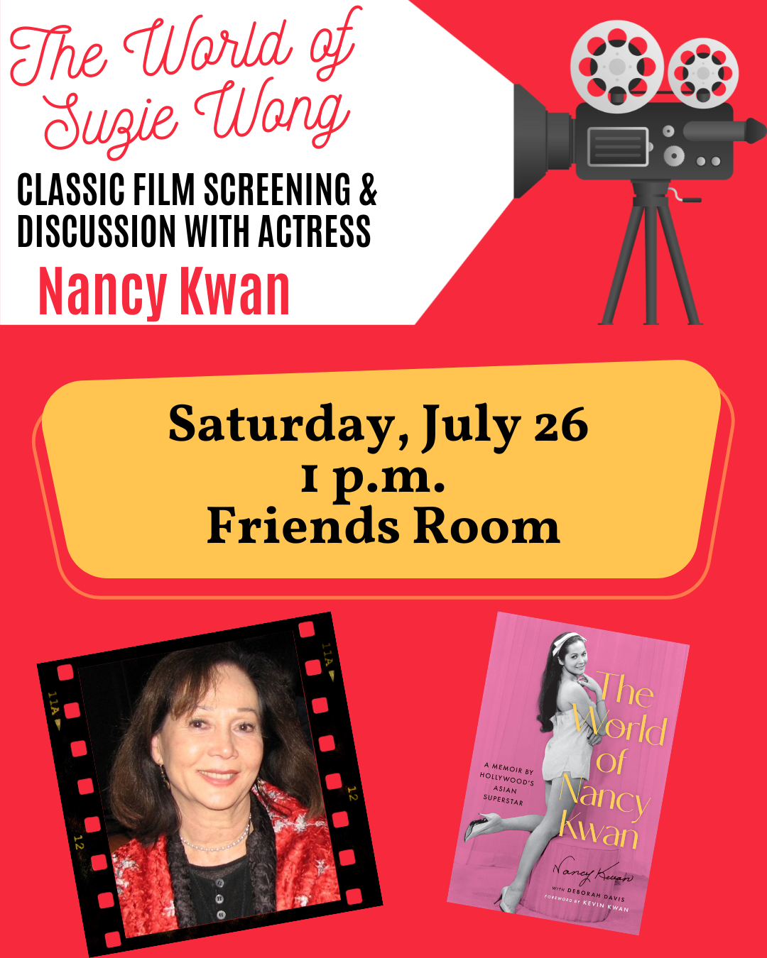 Graphic with event details, book cover and photo of Asian woman.