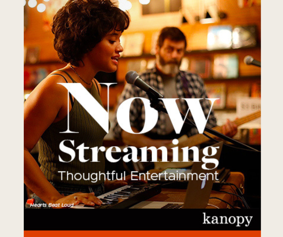 Image for Kanopy with young woman singing at keyboard and man watching in background.