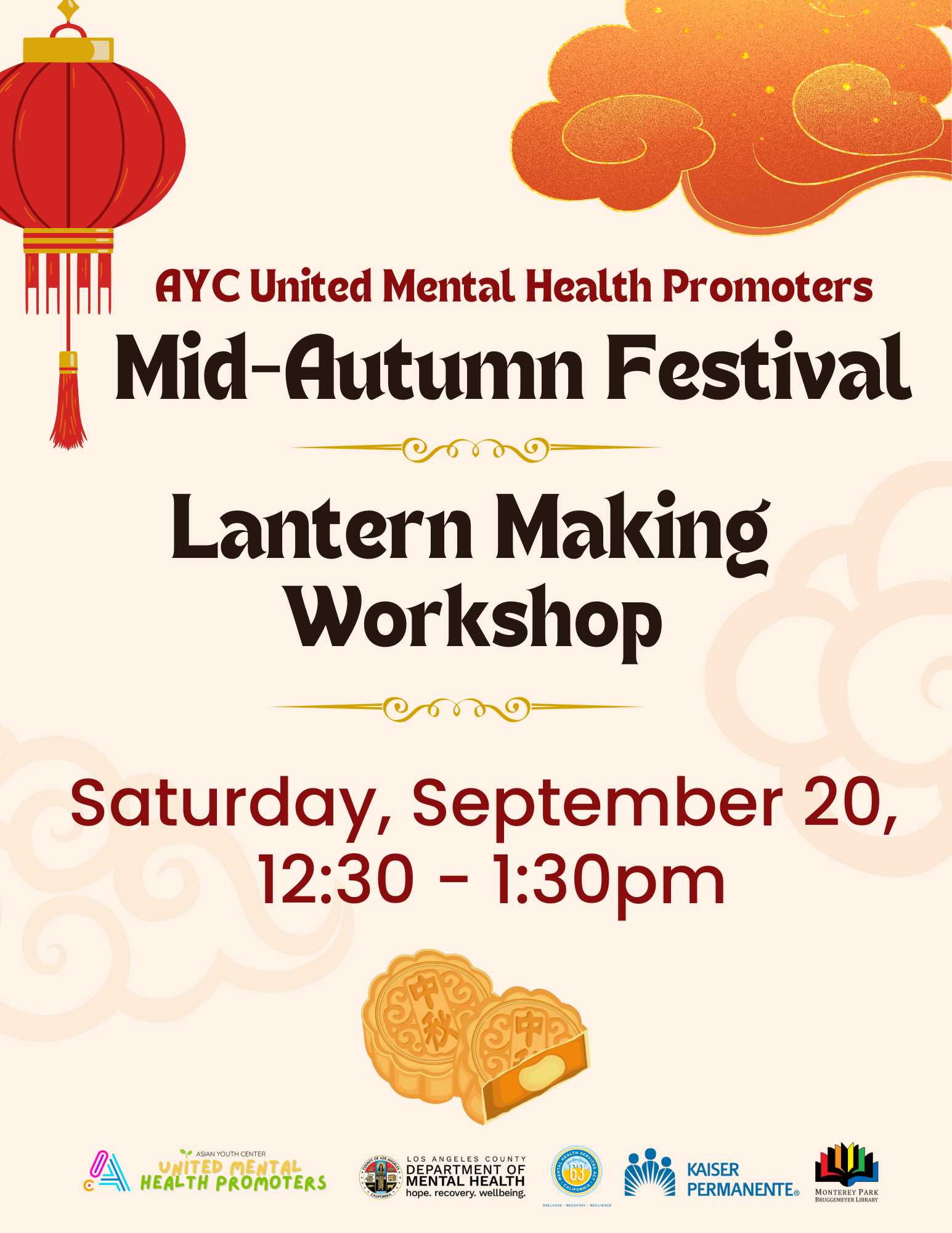 Informational flyer with lanterns and mooncakes and clouds on edges
