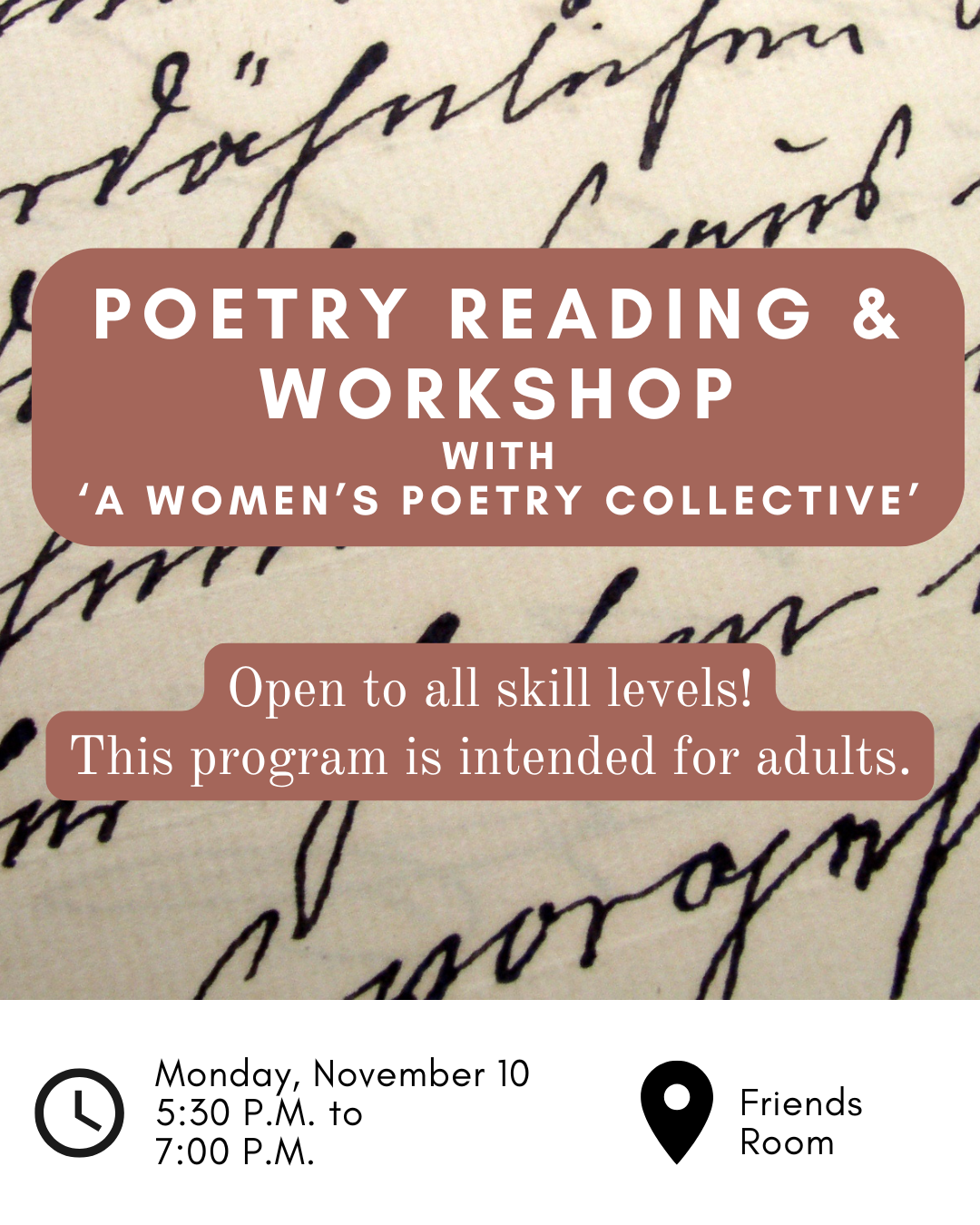 Graphic with event details and cursive writing on the background