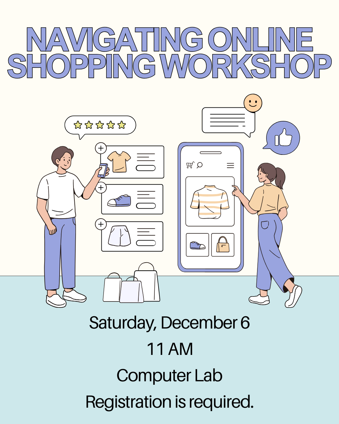 Flyer with event details and graphic of person and computer
