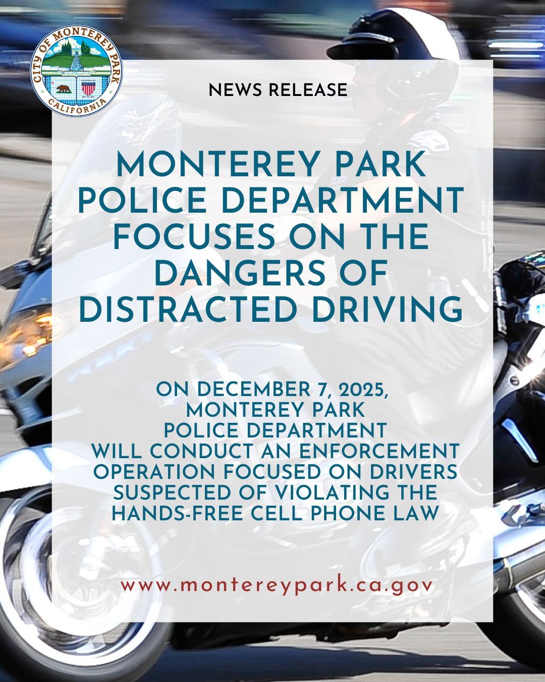 News release: Monterey Park Police alert about Dec. 7 distracted-driving
