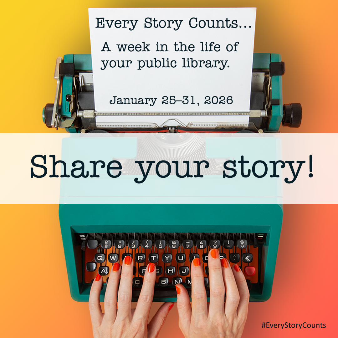 Hands on a typewriter. Paper reads: “Every Story Counts… A week in the life of your public library. 