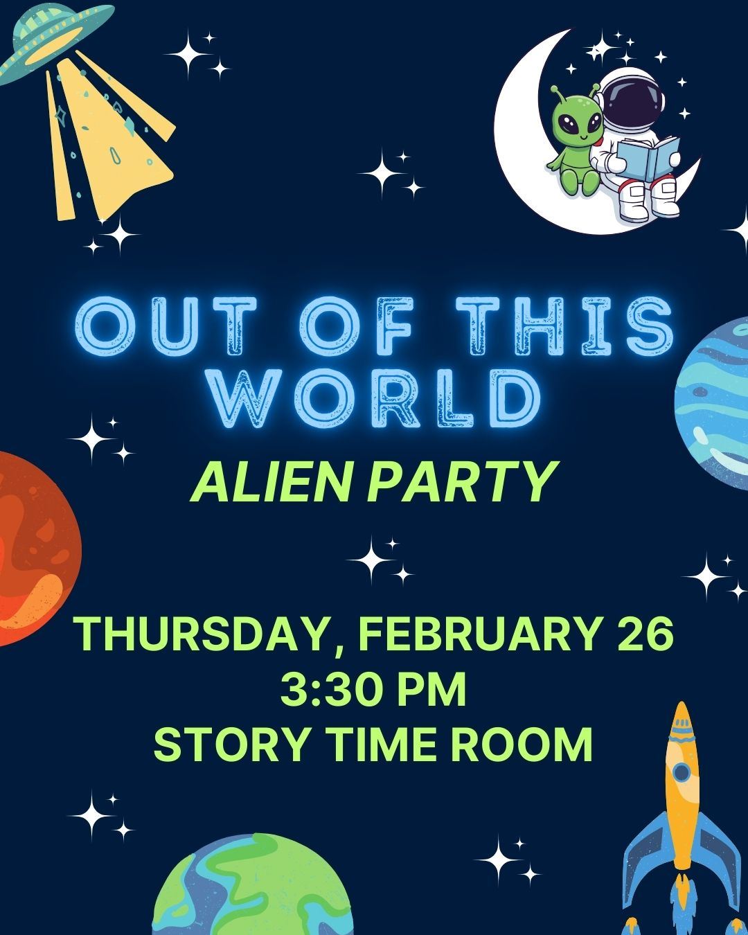 Alien party image with planets and stars, an astronaut and alien sitting together on a crescen moon 