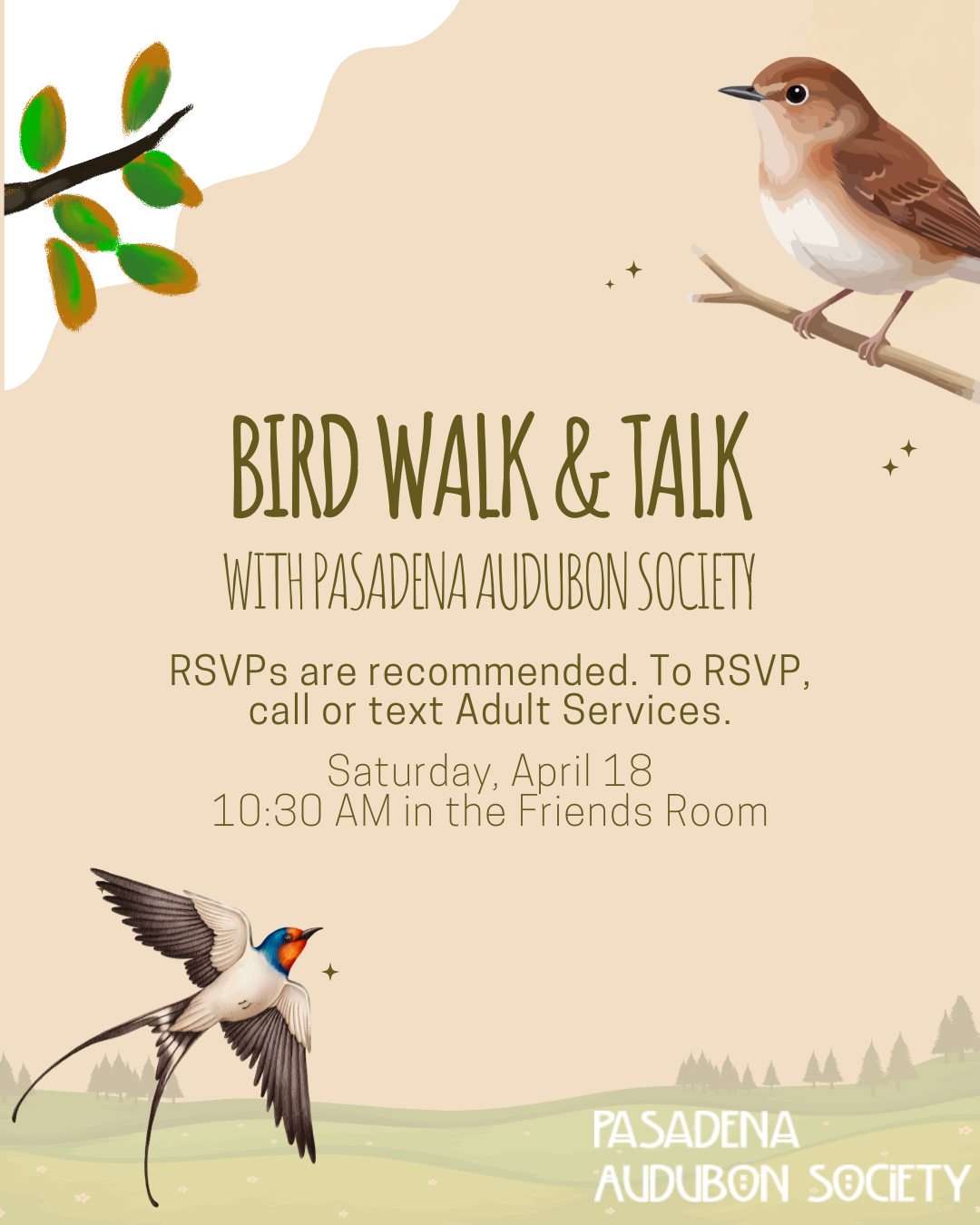 Bird graphic in top right and bottom left corner, leaf graphic top left, event details in center