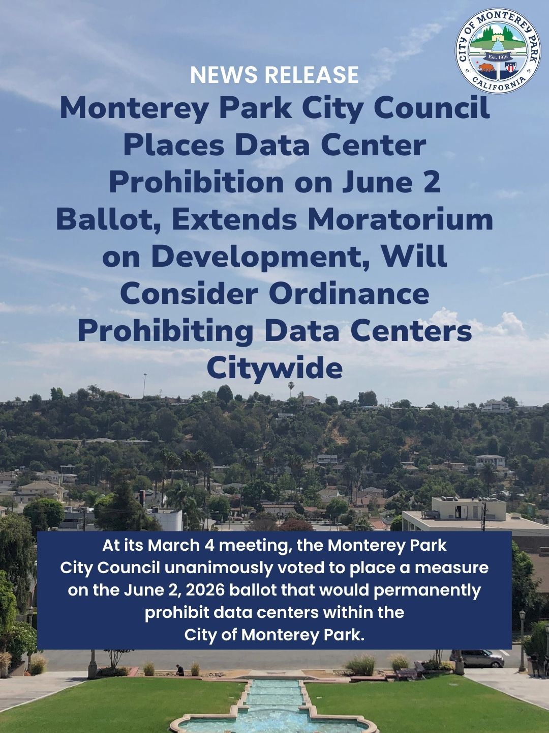 Monterey Park news release announcing June 2 ballot measure to prohibit data centers citywide.
