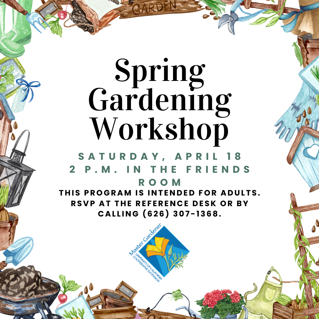 Event flyer with garden, flower, and tools on border. Details of event in center of graphic.