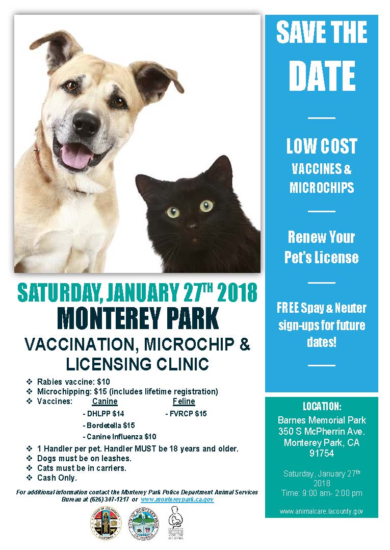 MPK pet license vaccination microchip licensing clinic January 27, 2018 flyer