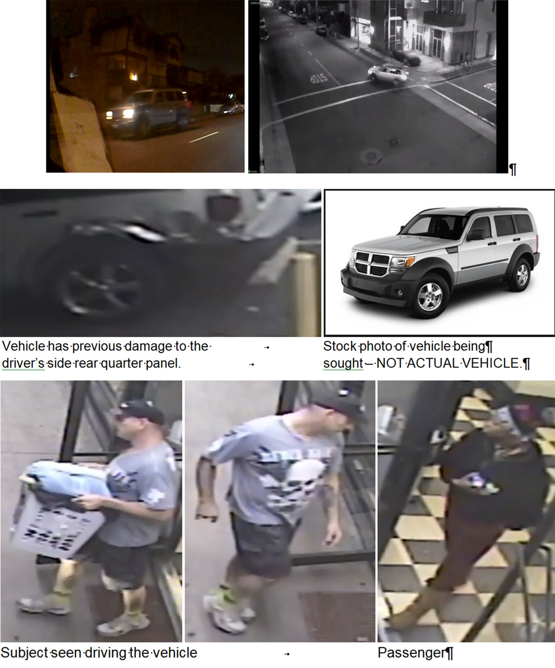 Pedestrian involved injury traffic collision, W Newmark 1-19-19, vehicle and persons of interest