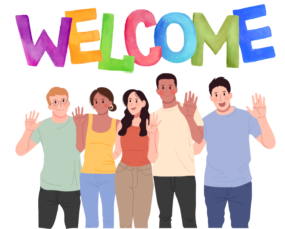 Image says \"welcome\" in multi-color letters with multi-racial teens waving \"hello\"