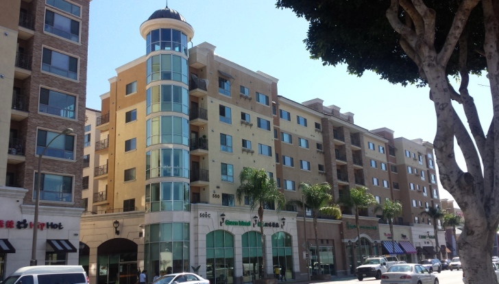 The view of Atlantic Times Square's domed glass tower from Atlantic Boulevard.